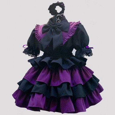 ハロウィン　メイド服　黒＋紫の配色　コスプレワンピース