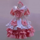 大人気メイド服　スイカ色　萌え萌え　白色フリル　ワンピース