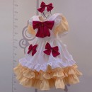大人気メイド服　ミカン色スカート　赤色4個蝶結び付　白色エプロン