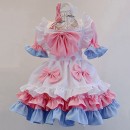 メイド服 オーダーメイド 大きなリボン ブルーピンク 萌え萌え 荷葉フリル コスチューム