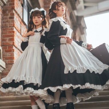 英国風メイド服 ロング ワンピース 黒白 クラシックスタイル